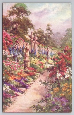 Raphael Tuck Oilette Postkarte Blumengarten Weg Statue Wenn Blumen blühen 8462