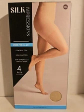 silk impressions pantyhose, XXL, Beige, Sheer Control Top, 4 Pair, High Waisted