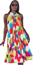 Women’s Multicolor Abstract Pleated Halter A-Line Dress L Knee Length Pullover