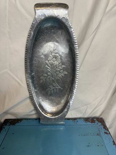 Vtg Continental Silver Hammered Aluminum Tray WILD ROSE BRILLIANTONE 13.5”x 6”