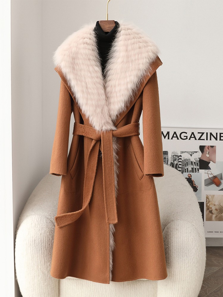 Korean Genuine Fox Fur Collar Cashmere Coat Long Knee Length Fur