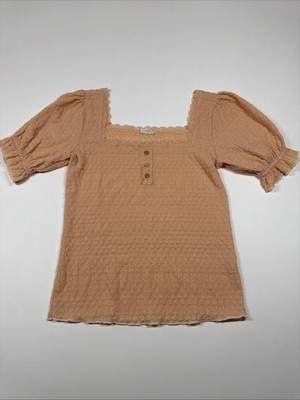 Hem & Thread Women's Square Neck SS Smocked Fitted Peasant Top  Peach Medium