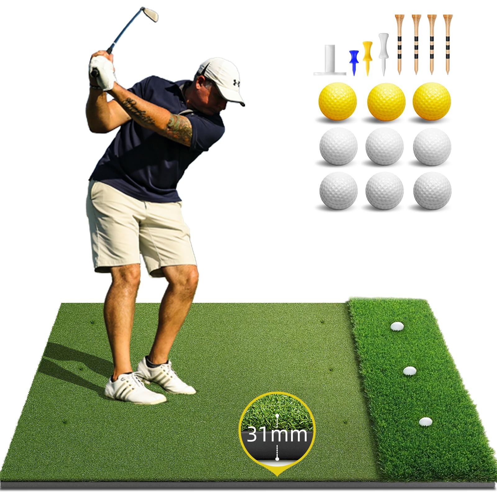 Dual-Turf Golf Mat: 5x4ft 31MM Thickened Heavy-Duty Golf Hitting Mats Practic...