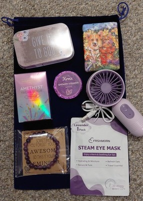 Women's Amethyst Self Care Kit - Facial Scrub, Eye Mask, Bracelet, Fan, & More