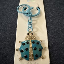 Aqua/Black Ladybug with Black Dots Rhinestones Keychain/Purse Charm