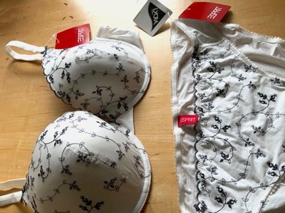 Esprit women's set floral embroidery bra 85C brief 42% sale 2 pcs white black