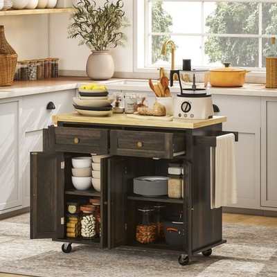 Modern Rolling Kitchen Island Cart w/ Storage, Spice Rack, Towel