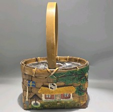 Vintage Scandinavian Folk Art Basket Handmade Clay Cottage Scene Woven Planter