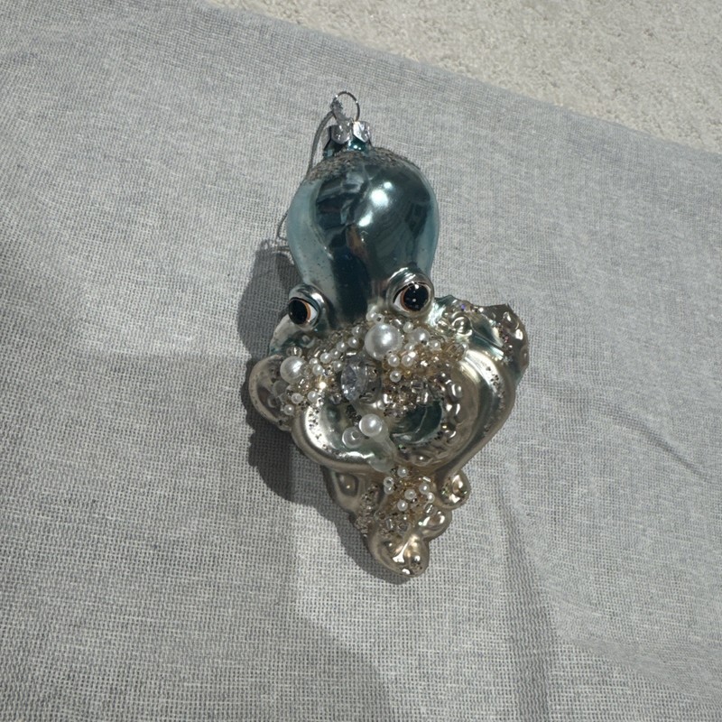 Octopus Christmas Tree Ornament Glass Glitter Pearls Glam Beach Sea
