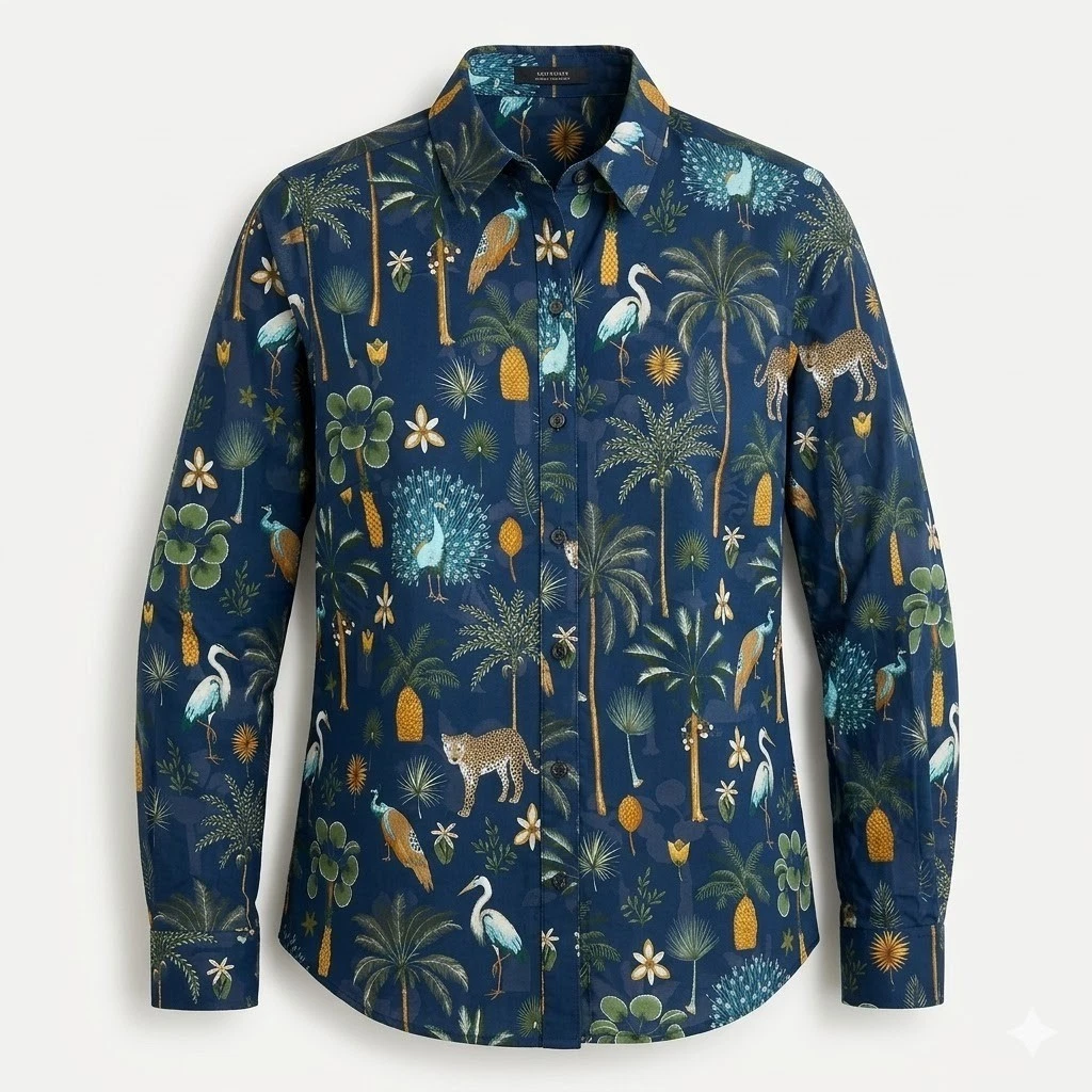 J.McLaughlin Medium Blue Jungle Tableau Safari Peacock Button Down Shirt Top