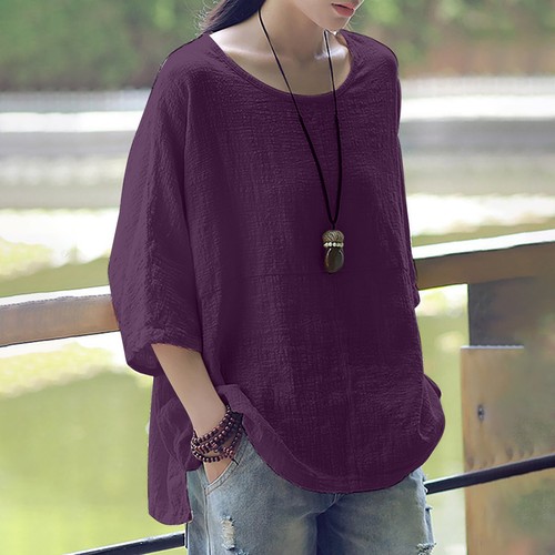 Women's Casual Solid Color Loose Cotton Linen Medium Sleeve Large Size Tops - Bild 23 von 27