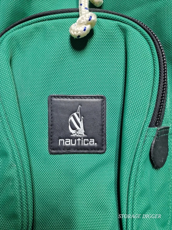 复古 Nautica Hunter 绿色/黑色厚棉帆布抽绳背包 — 第 3/4 张图片