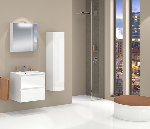 Badmöbel Set mit Waschbecken Keramik RENO 60cm WEISS HOCHGLANZ MDF LED SOFTCLOSE - Bild 15 von 16