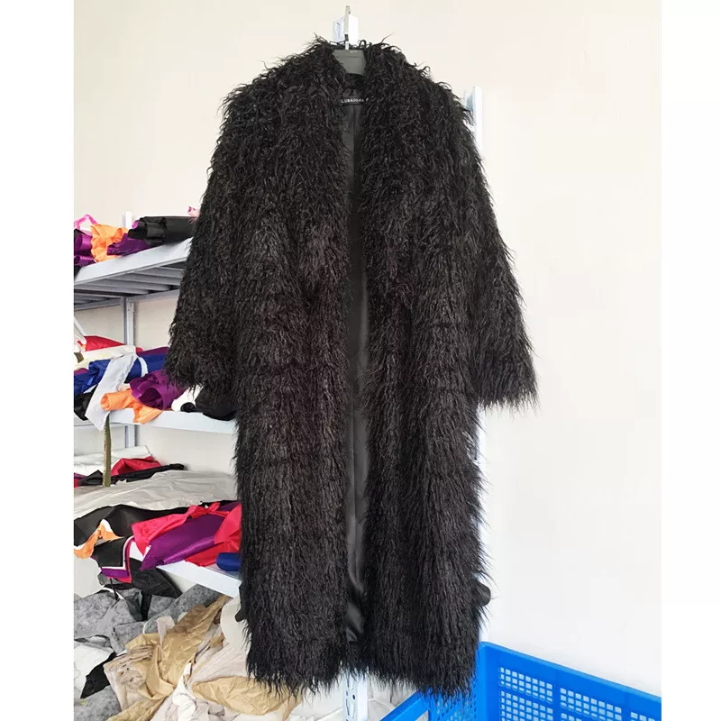 Mongolian Lamb Sheep Faux Fur Coat Long Hair Overcoat Outwear Warm