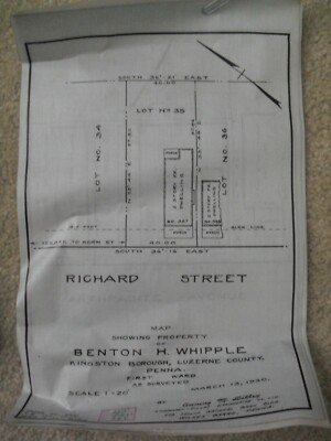 Vintage 1930 Blueprint Wax Paper Richard Street Whipple Kingston Luzerne PA