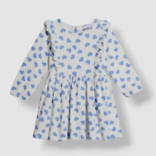 $70 Molo Baby Girls White Blue Chocho Heart-Print Ruffle Trim Dress Size 86/1.5