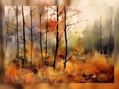 Gelassene Herbst Wald Szene, Aquarell Malerei Druck 5''x7'' auf mattem Papier