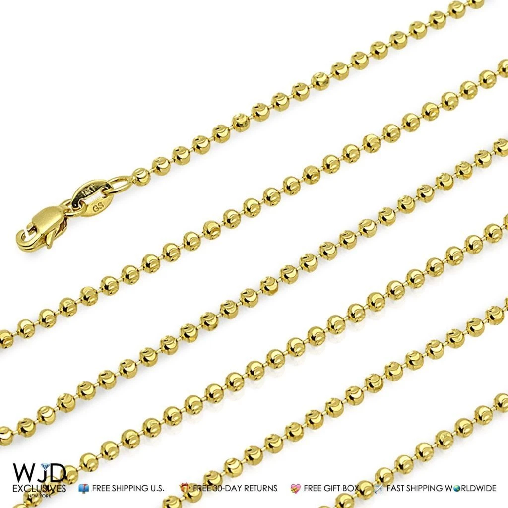 Solid 14K Yellow Gold Moon Cut 3mm Bead Ball Chain Necklace 22
