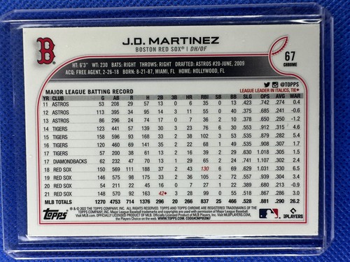 2022 #67 JD Martinez Topps Chrome Baseball Boston Red Sox - Picture 2 of 2