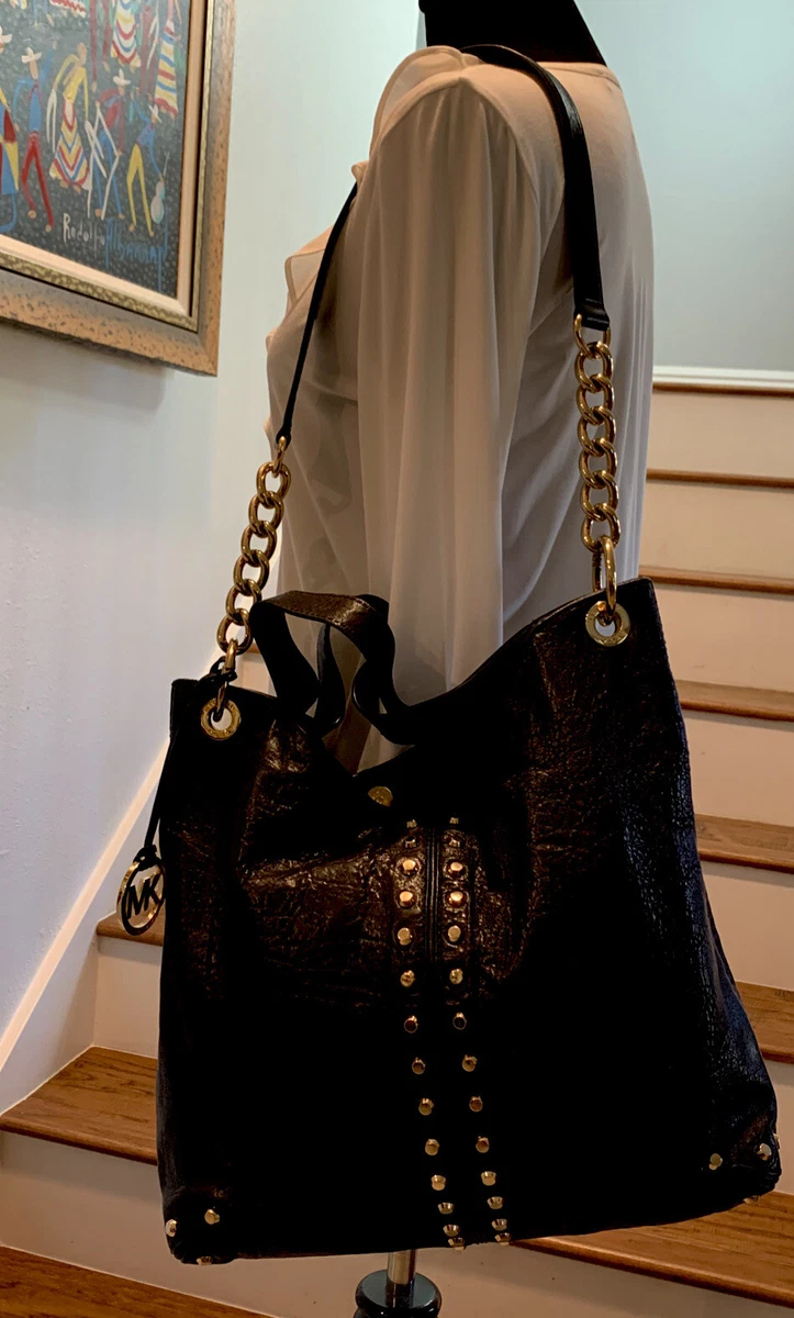 MICHAEL KORS Astor Black Leather Gold Studded Shoulder Bag E2983