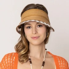 DIONA J STRAW SUN VISOR WITH LACE ONE SIZE COLOR CAMEL BROWN