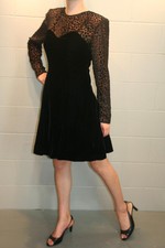 S M VTG 80s ZUM ZUM 11/12 Black Velvet Burnout Prom Dress Sheer Dot Slv Bodice
