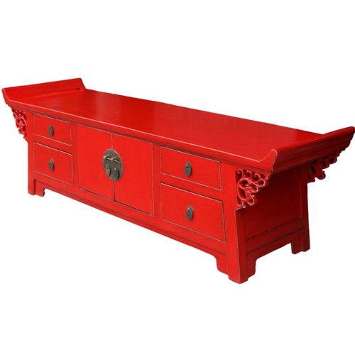 Red Wood TV Stand Cabinet Entertainment Unit Lowboard-Everted End - Picture 2 of 5