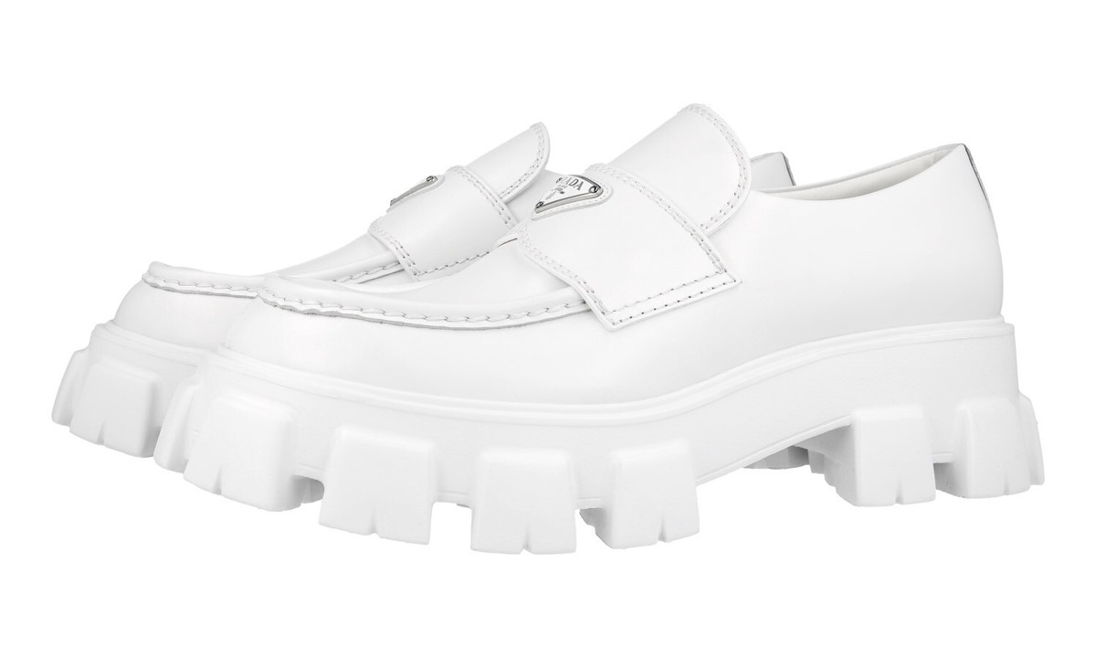 【希少】PRADA Monolith ロゴ ラバーソール ミュール 2色 PRADA MONOLITH LOGO LOAFER SHOES 2DE129 WHITE LEATHER NEW US