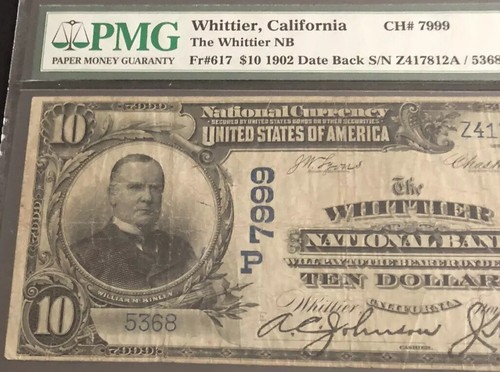 1902-$10DB-the WHITTIER NB, CA-PMG25. Una nota escasa de este condado de CA. - Imagen 2 de 6