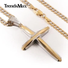 Silver/Gold Plated Cross Pendant Necklace Mixed Stainless Steel Curb Link 18-30"