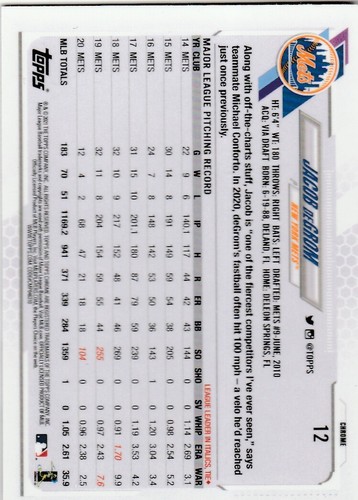 2021 Topps Chrome Jake deGrom #12 - Picture 2 of 2