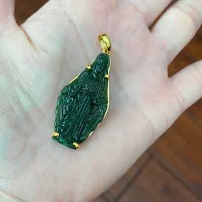 14K Solid Real Gold The Blessed Virgin Mary Carving Nephrite Jade