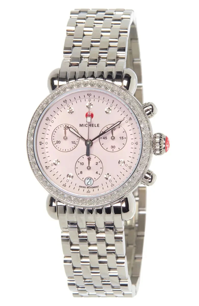 NEW Michele Lilac Light Pink CSX 36 Silver Diamond Watch 