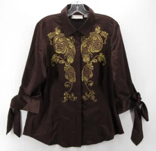 Victor Costa Top Women Medium Brown Embroidered Evenings Blouse Paisley Button
