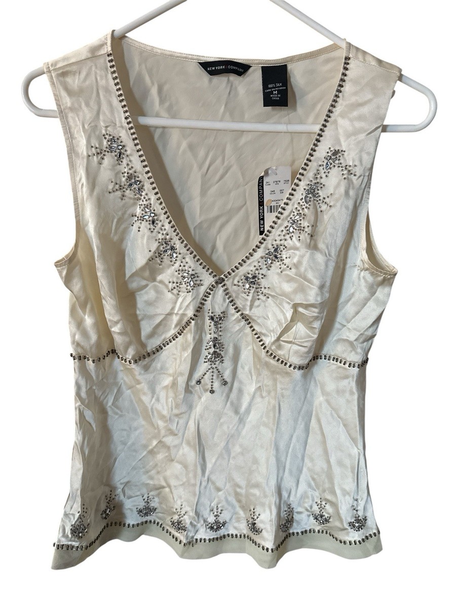 VTG Y2K New York Company Cream Design Gems Cami Tank Size 100%silk 