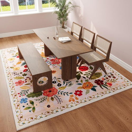 Living Room Rug 5x7 Rug Machine Washable Boho Area Rug Non Slip Floral Vintag... - Picture 6 of 9