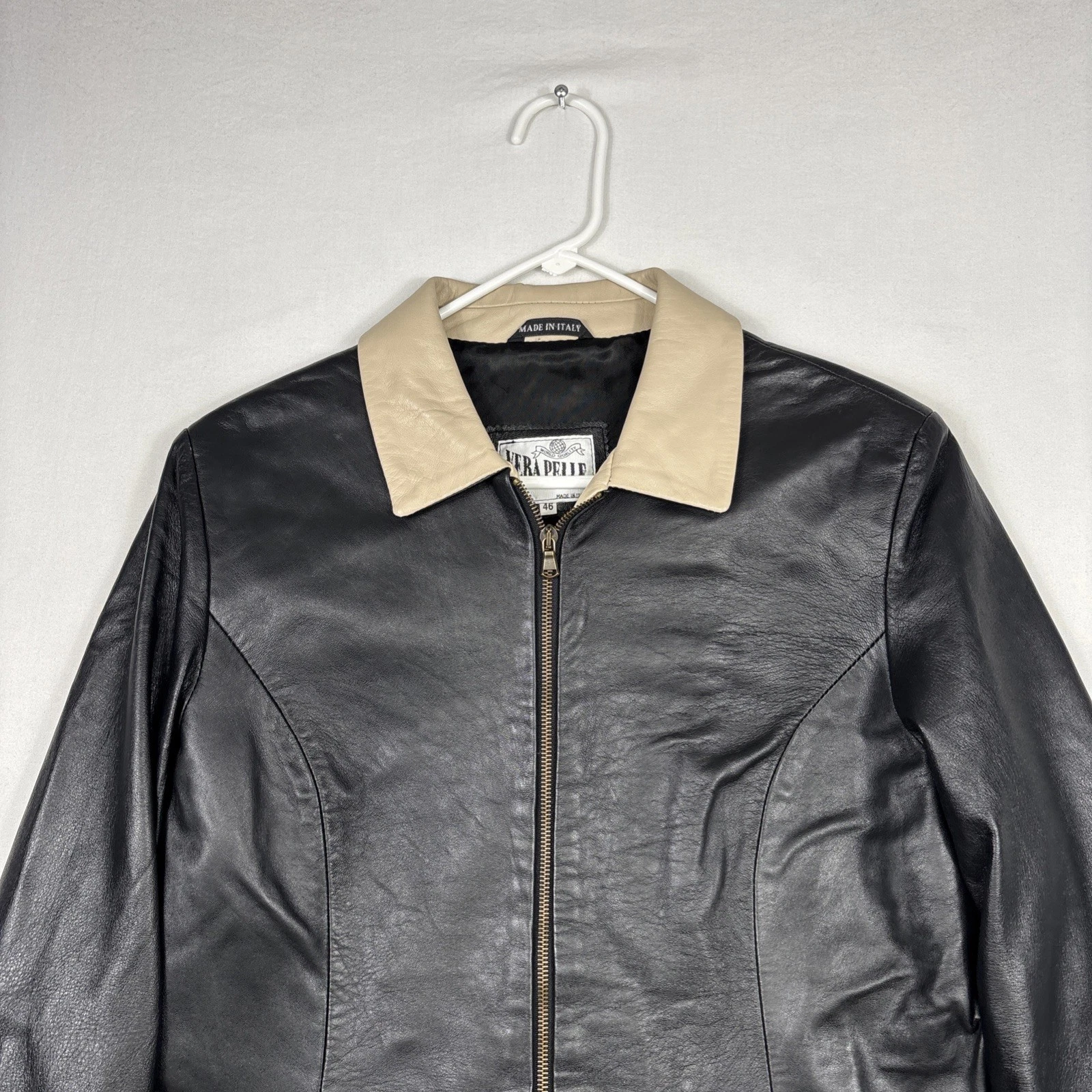 Vintage Vera Pelle Leather Jacket Men's 46 Black Biker Bomber Coat Made In Italy image 12