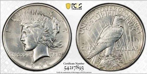 1921 High Relief Peace Dollar PCGS Gold Shield AU Details- Rim Damage