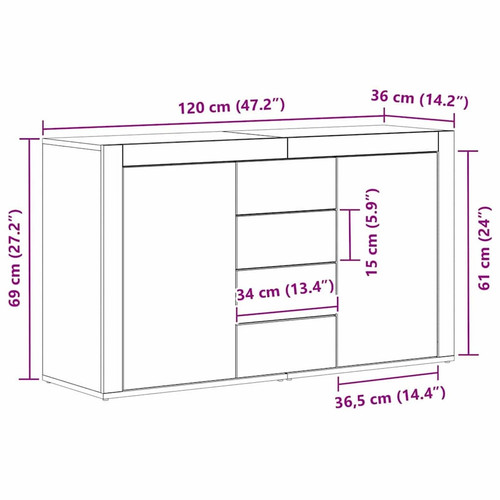 White Sideboard Wood 120x36x69 cm Storage Cabinet Buffet - Picture 8 of 8