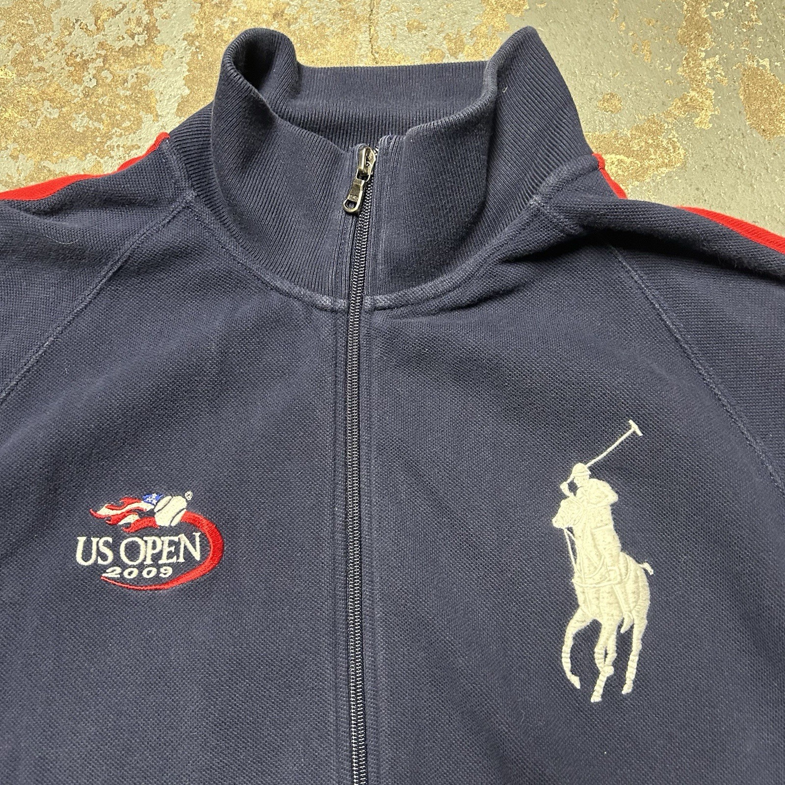 Maglione Vintage Polo Ralph Lauren 2009 US Open Big Pony Blu Full Zip Taglia XL