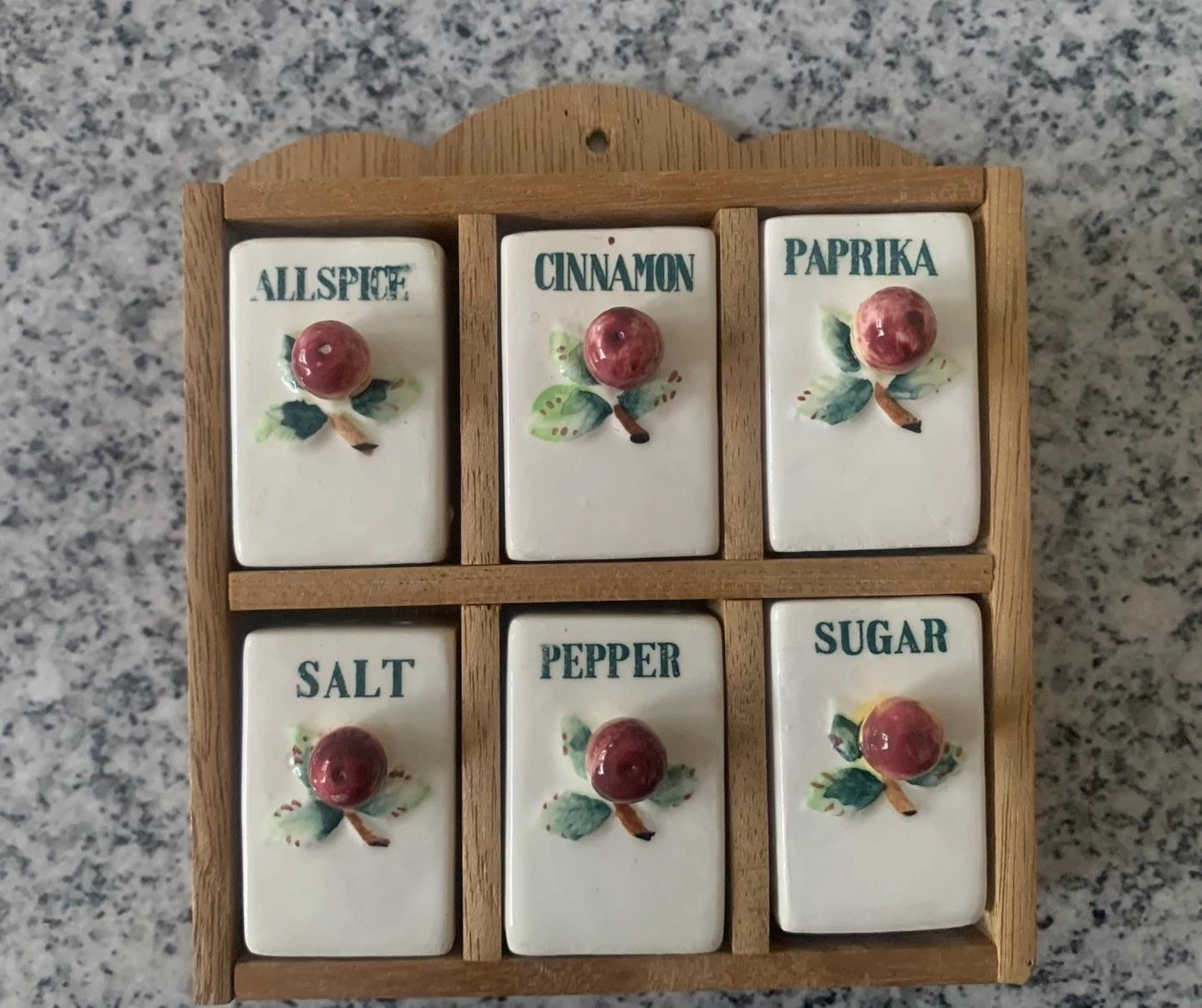 1950's Spice Rack Mini Ceramic Jars Wood Rack Made in Japan 6” x 5”