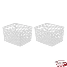 Large Decorative Storage Basket 2 Pack Plastic Mesh Organizer W/ Handles New