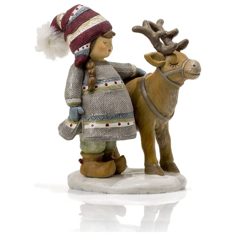 Statuina Natale Bambina con Alce Poliresina Evviva 11x9,5x18 cm Presepe Decoro, fotografia 8 di 9
