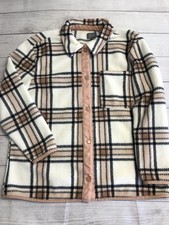 Plaid Fleece Jacket Womens Large White Tan Snap Front Collared Shacket Cozy