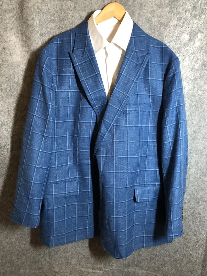 Stafford Blazer Mens 54R Blue Windowpane Classic Fit Wool Linen Sport Coat - Image 3 of 4