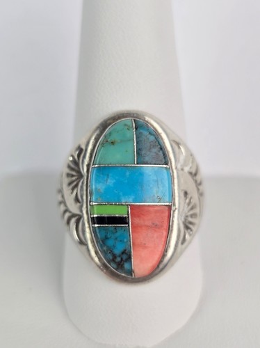Native American signed TL Sterling Silver Multi Stone Inlay Ring Size 10 VG+ - Picture 4 of 10