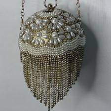 Pearl Beaded Minaudi re Evening Clutch with Gold Fringe Long Chain