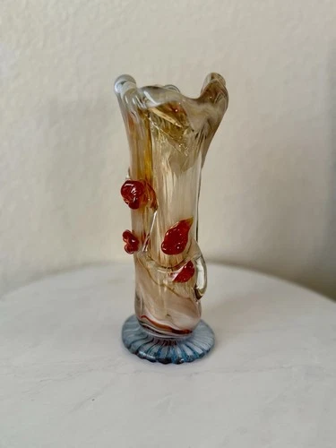 Vintage Opalescent Cadmium Glass Murano Vase with Applied Flowers Hand Blown.