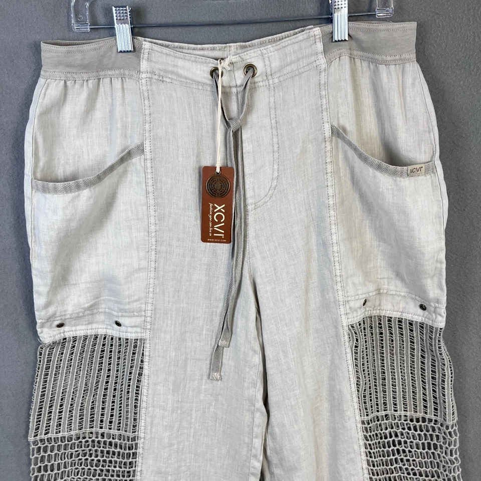 XCVI Women's Linen Wide Leg Crochet Accents Pants Size L Gray Boho NWT - Image 3 of 4