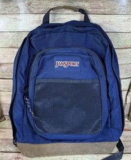 Jansport Vintage Leather Bottom Blue Canvas Brown Student Travel Backpack 90 s